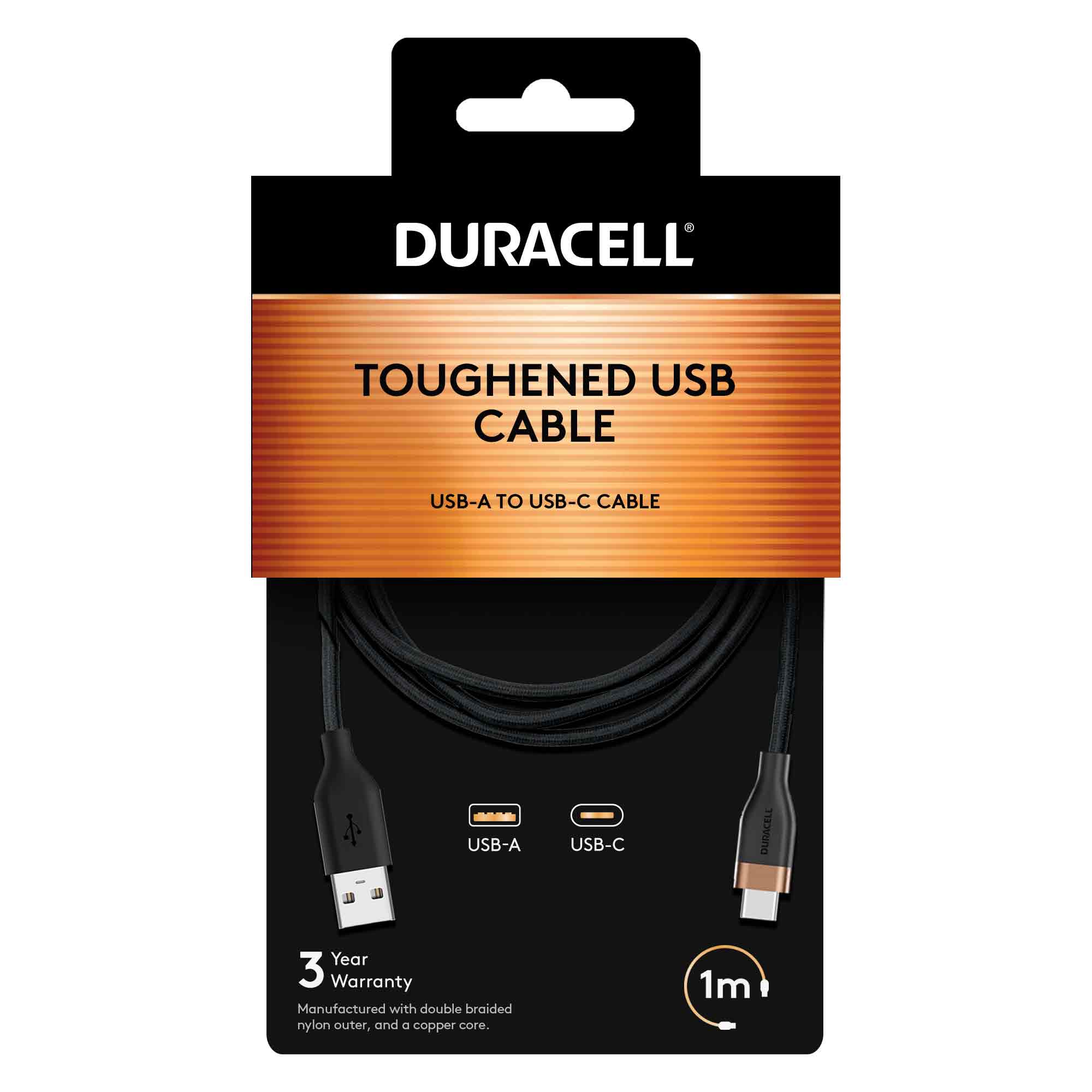 Duracell 1 meter 18w Toughened Phone Charger USB Cable USB-A to USB-C Image of it in Packaging | DRU5011A