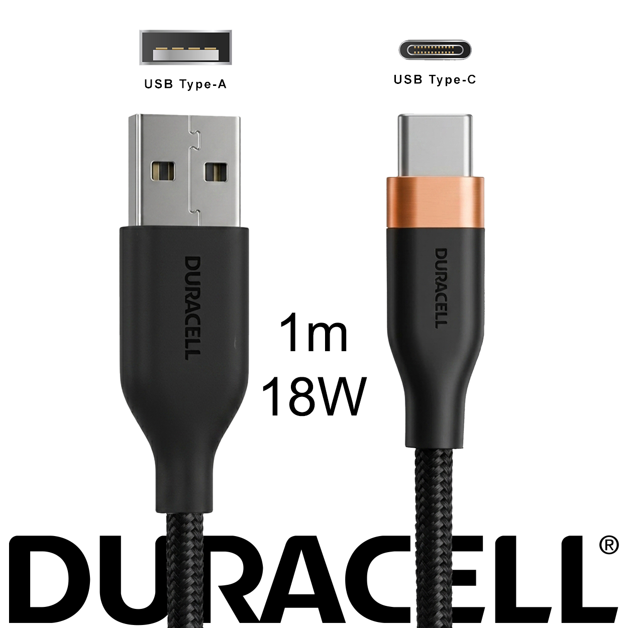 Duracell 1 meter 18w Toughened Phone Charger USB Cable USB-A to USB-C Image of the Cable Heads | DRU5011A