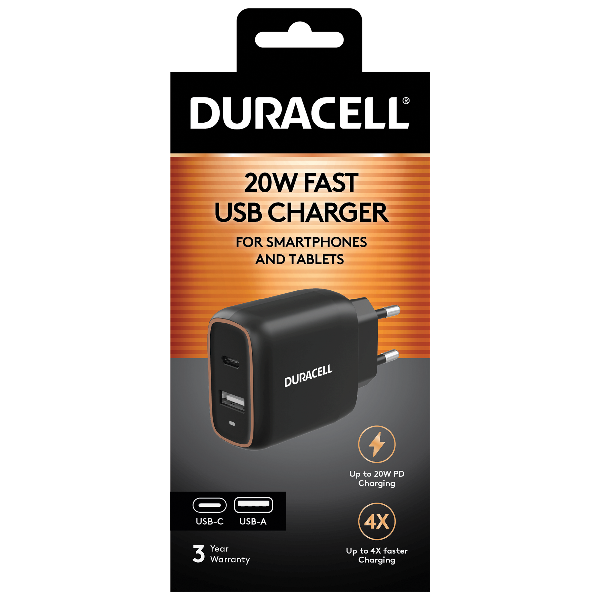 Duracell 20W PD USB Charger with a USB-A and a USB-C port Image of it in Packaging | DRACUSB19-EU