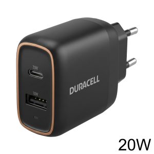 Duracell 20W PD USB Charger with a USB-A and a USB-C port Product Image | DRACUSB19-EU