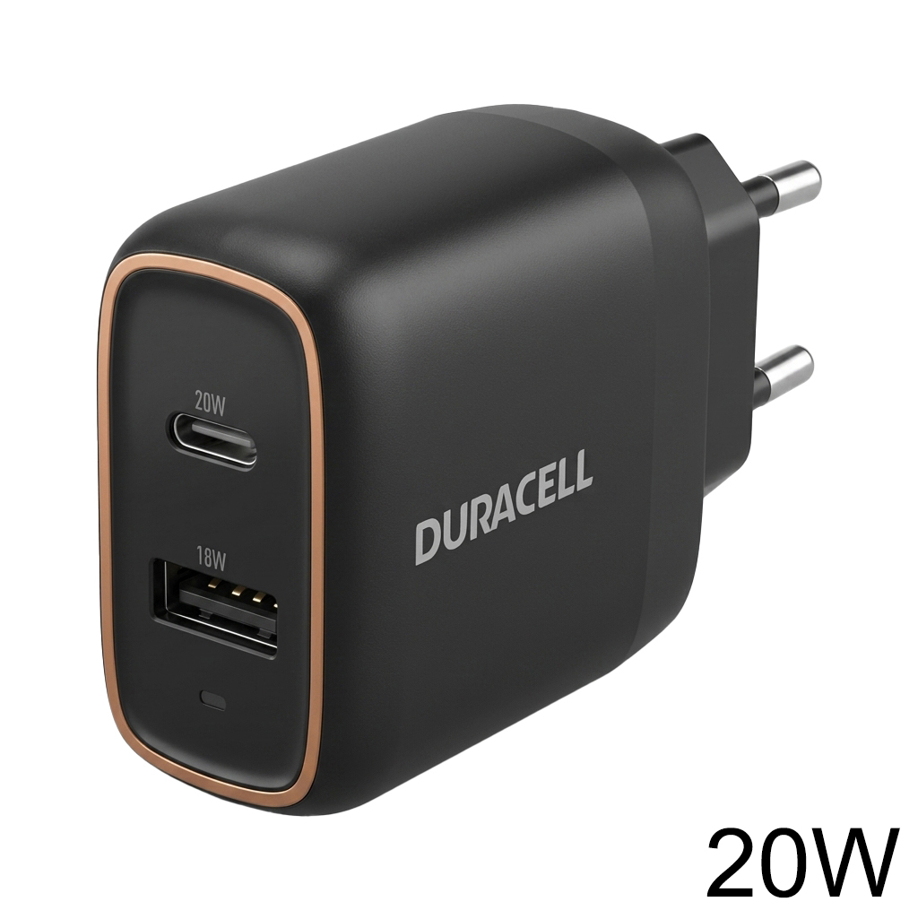 Duracell 20W PD USB Charger with a USB-A and a USB-C port Product Image | DRACUSB19-EU