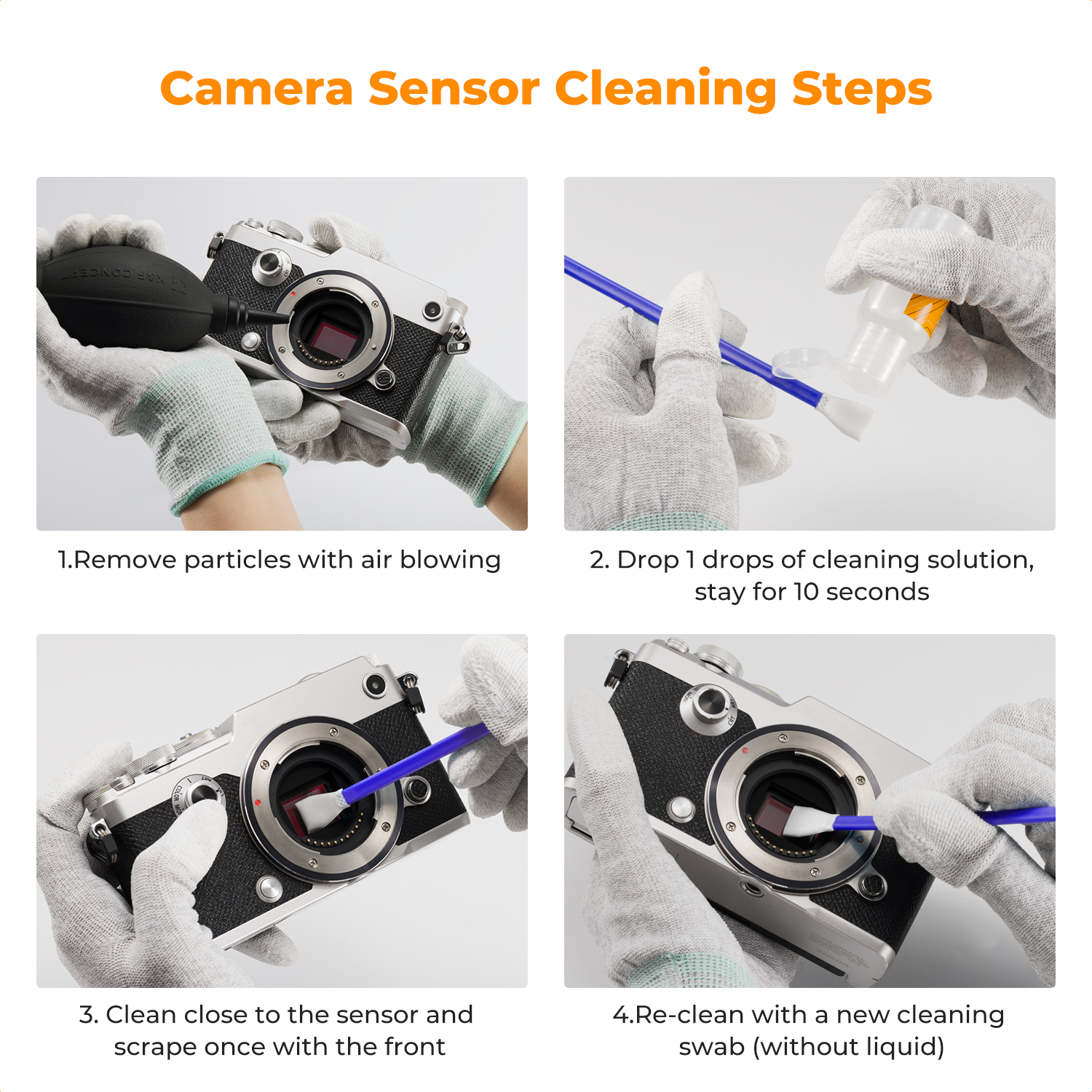 K&F 10-Pack Micro Four Thirds Sensor Cleaning Swabs Cleaning steps | SKU.2315