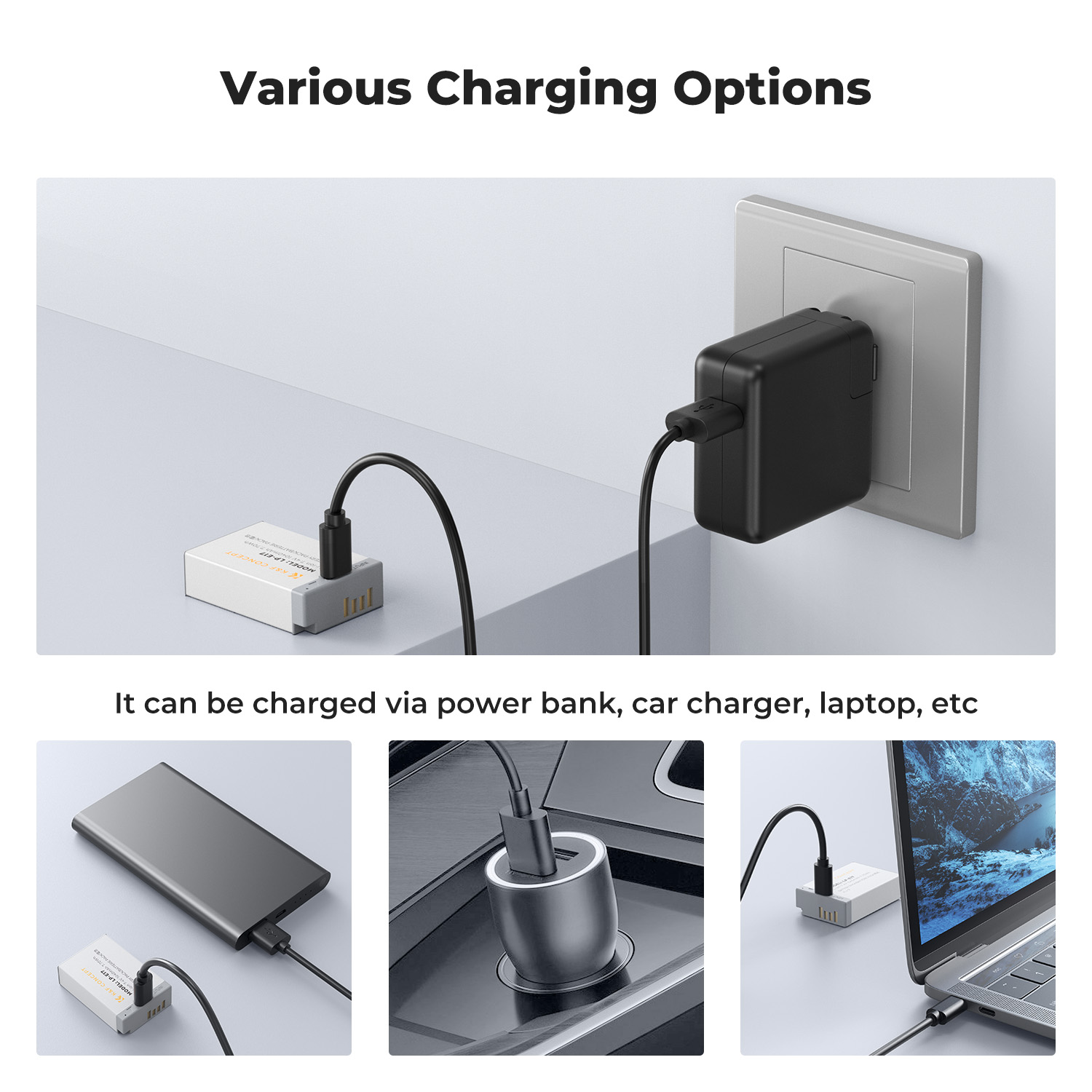 K&F 2 Pack Canon LP-E17 Batteries with USB-C Charging Port Image of the Various Charging Options | KF28.0049S1
