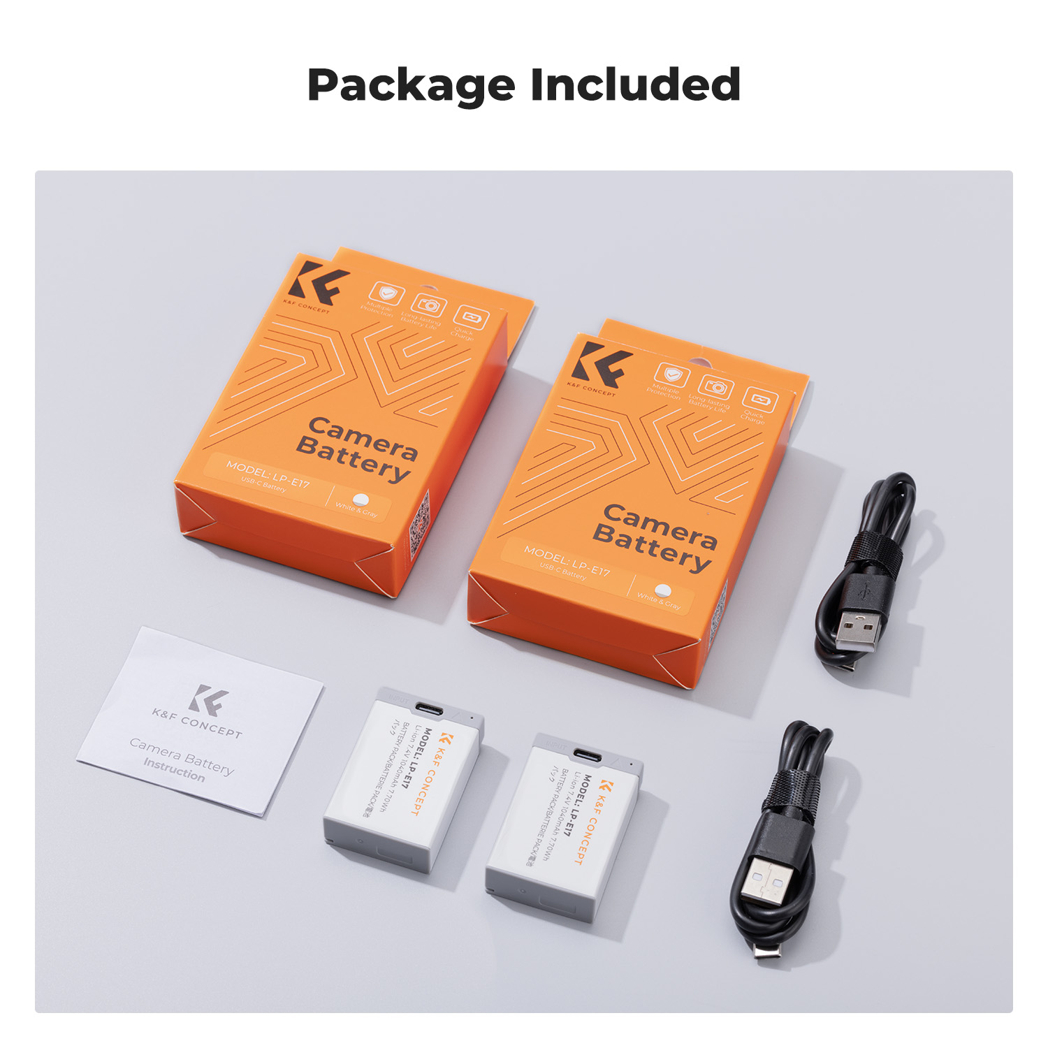 K&F 2 Pack Canon LP-E17 Batteries with USB-C Charging Port Image of What is Included in the Box | KF28.0049S1