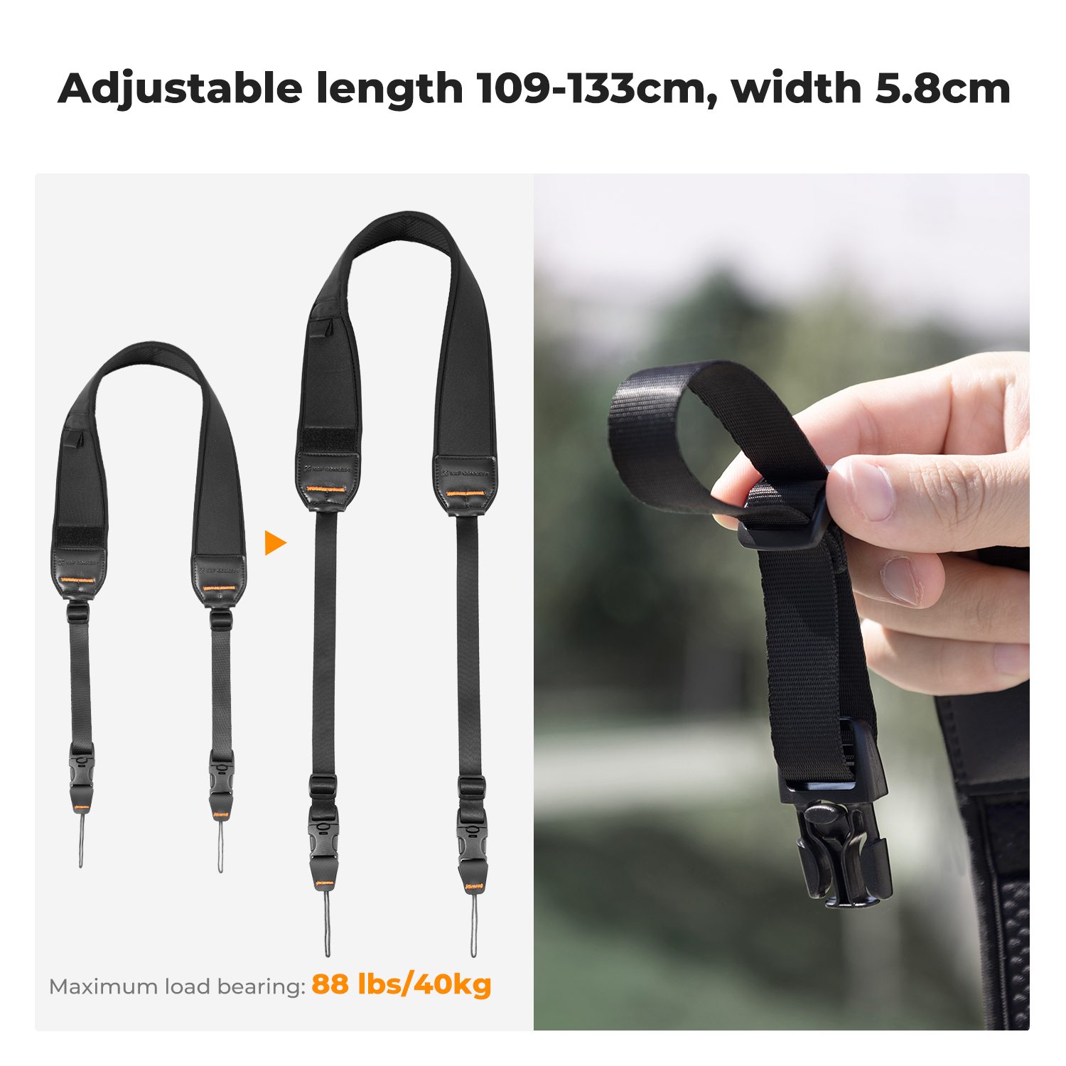 K&F 58mm Adjustable Neck Strap for Heavy Camera Setups Image of how the Length is Adjustable | KF13.184-184V2