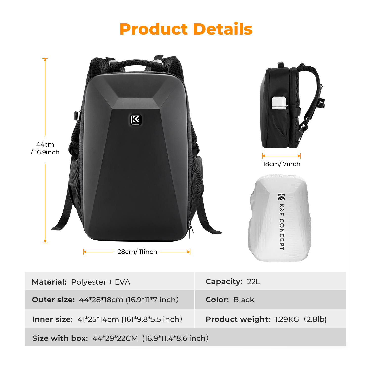 K&F Hardshell Photographer's Camera Backpack with Laptop Pouch Dimensions Image | KF13.134