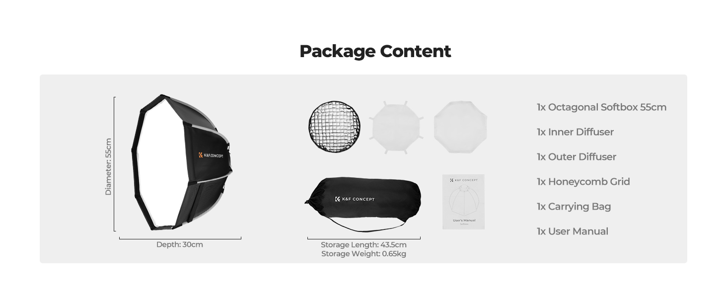 K&F Octagonal Softbox with Bowens Mount and Quick Clips Image of What is Included in the Box | KF18.0007-0007V2