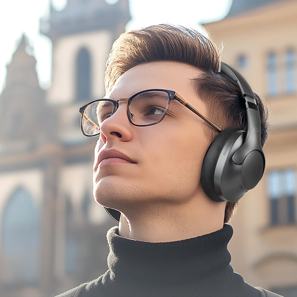 Muse Bluetooth Over-Ear Headphones with 35dB ANC for Quiet Commutes Image of it being used | M-292 ANC
