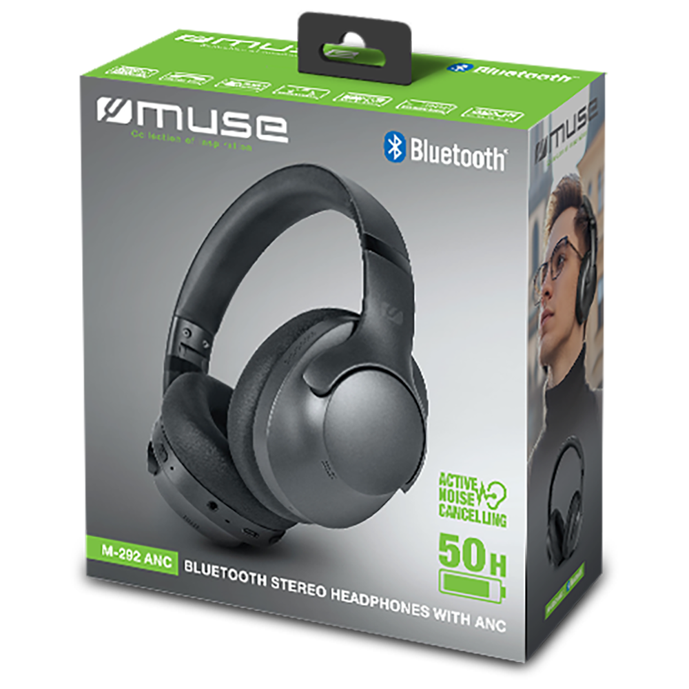 Muse Bluetooth Over-Ear Headphones with 35dB ANC for Quiet Commutes Images of the Packaging | M-292 ANC