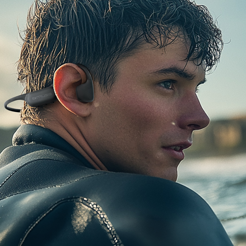 Muse Bone Conduction Headphones (Black) with 4GB Storage & IPX8 Waterproof Image of it being used | M-238 BC