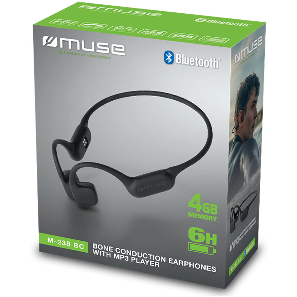 Muse Bone Conduction Headphones (Black) with 4GB Storage & IPX8 Waterproof Images of the Packaging | M-238 BC