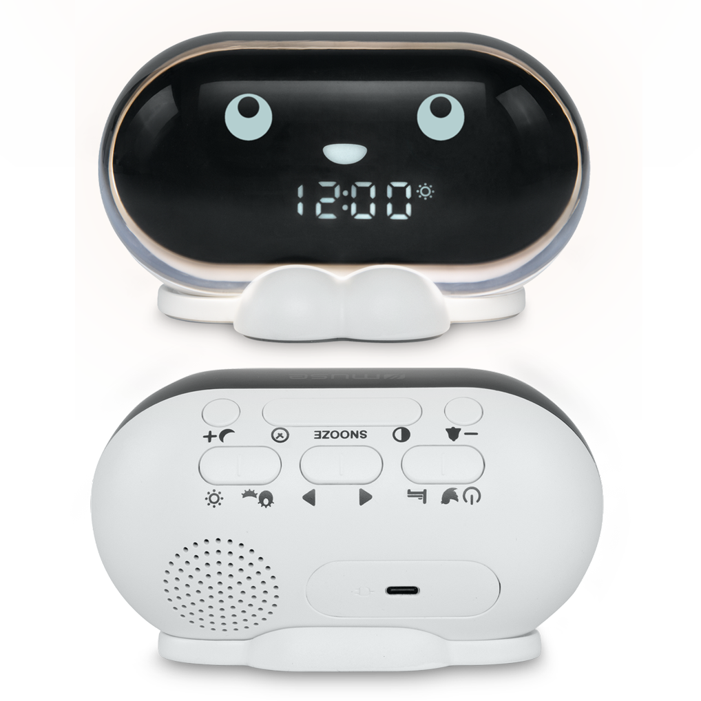 Muse Snoozy Kids Alarm Clock with Animated Eyes & Progressive Wake Feature Front and back view | M-16 KIDS