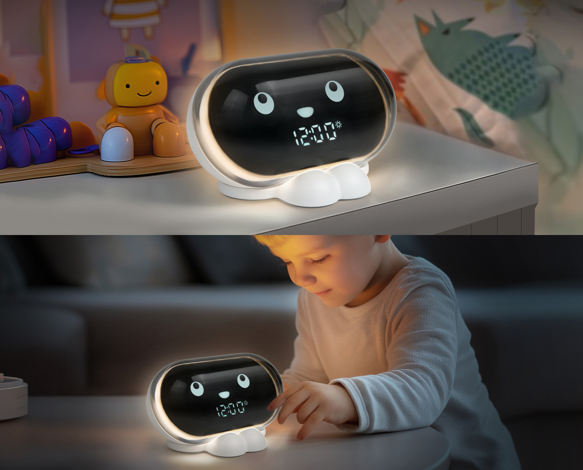 Muse Snoozy Kids Alarm Clock with Animated Eyes & Progressive Wake Feature Image of it in the kid's bedroom | M-16 KIDS