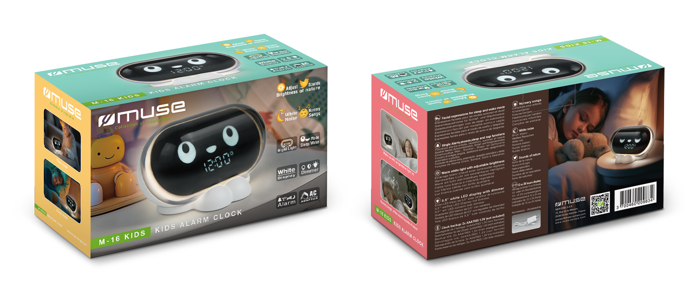 Muse Snoozy Kids Alarm Clock with Animated Eyes & Progressive Wake Feature Images of the Packaging | M-16 KIDS